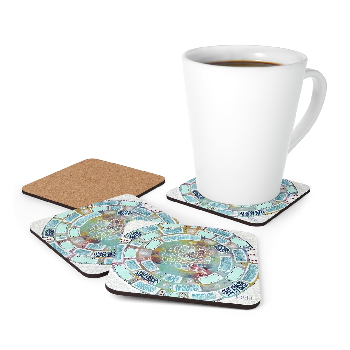 Mandala in Aqua - Corkwood Coaster Set