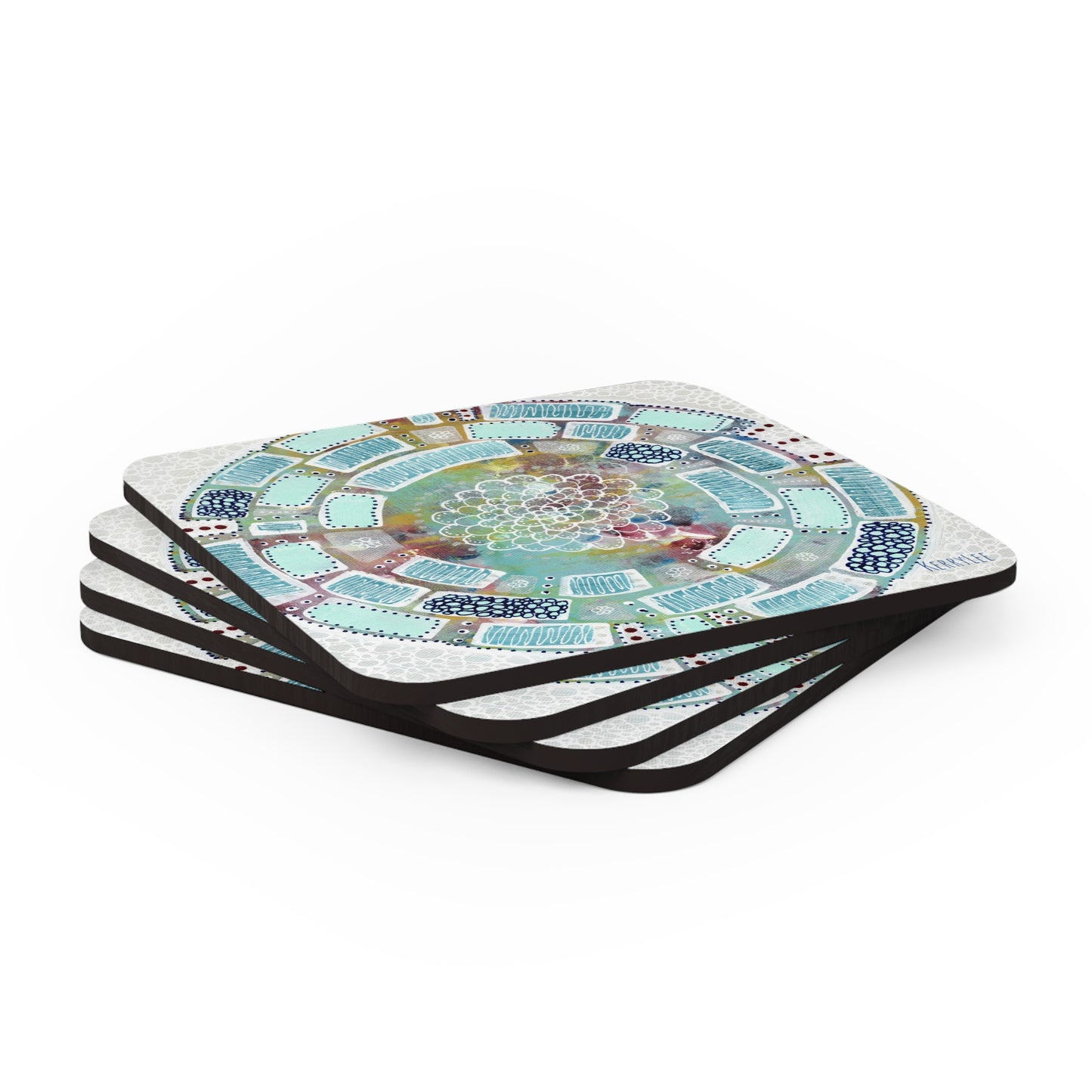 Mandala in Aqua - Corkwood Coaster Set