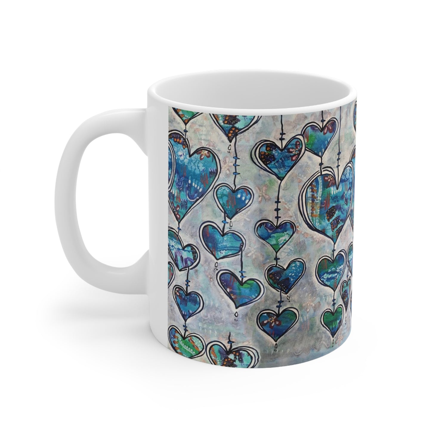 Blue Whimsy Hearts Artistic Ceramic Mug 11oz