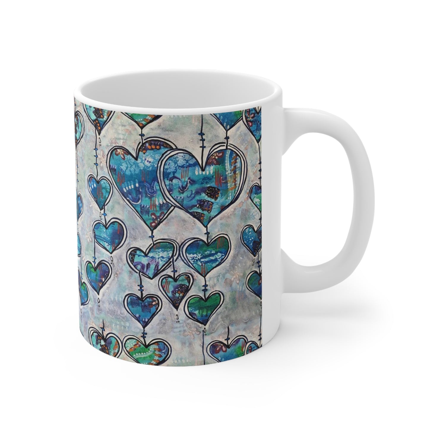 Blue Whimsy Hearts Artistic Ceramic Mug 11oz