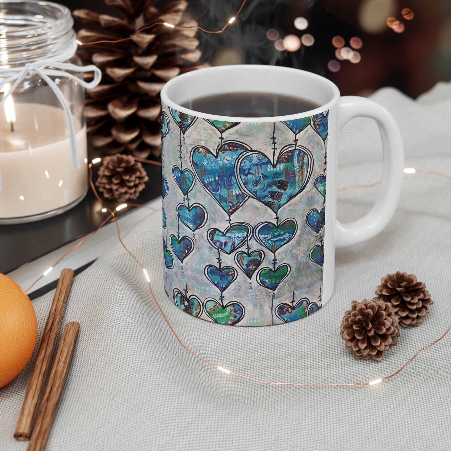 Blue Whimsy Hearts Artistic Ceramic Mug 11oz