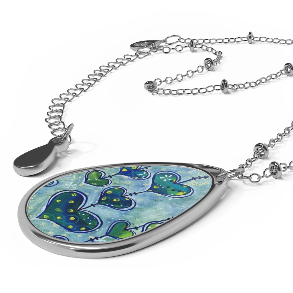 "Whimsy Hearts In Blue" Teardrop Pendant Necklace