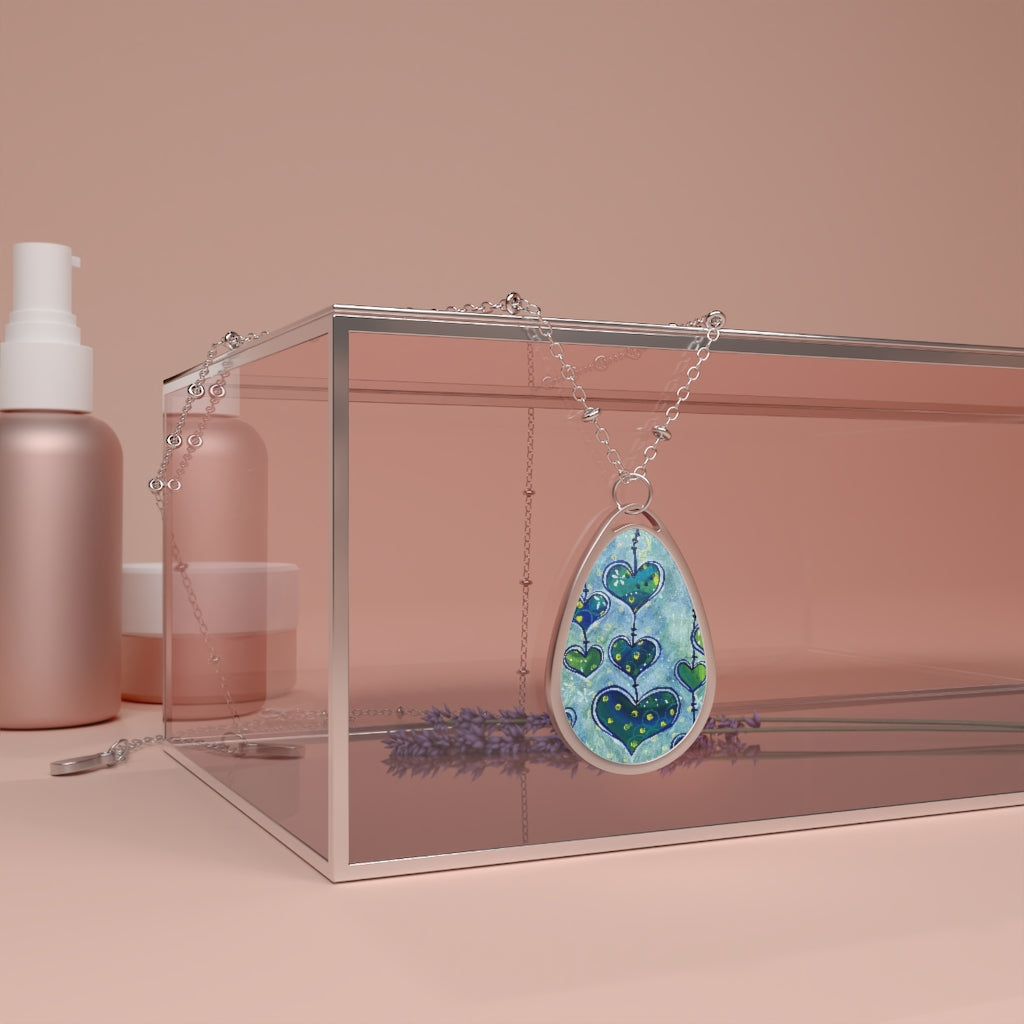 "Whimsy Hearts In Blue" Teardrop Pendant Necklace