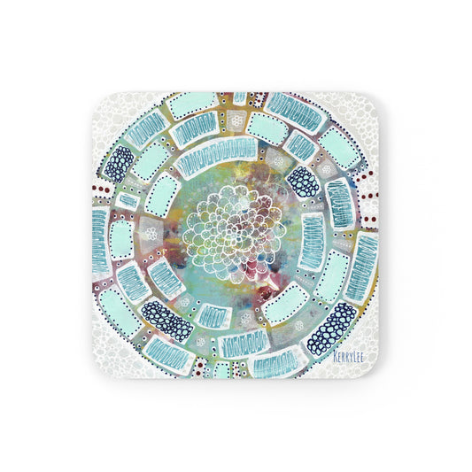 Mandala in Aqua - Corkwood Coaster Set
