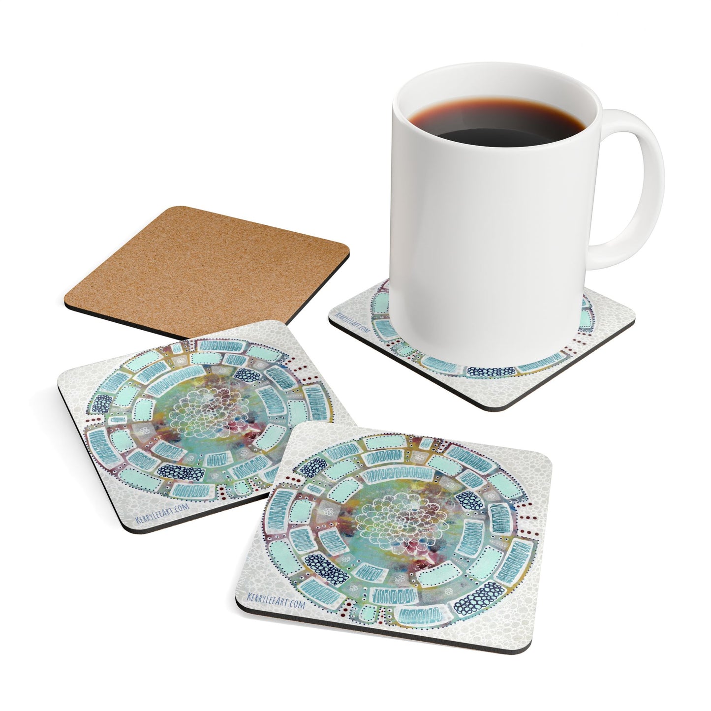 Mandala in Aqua - Corkwood Coaster Set