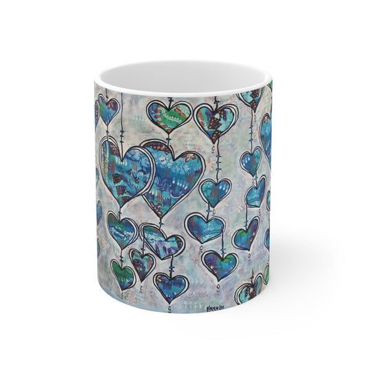 Blue Whimsy Hearts Artistic Ceramic Mug 11oz