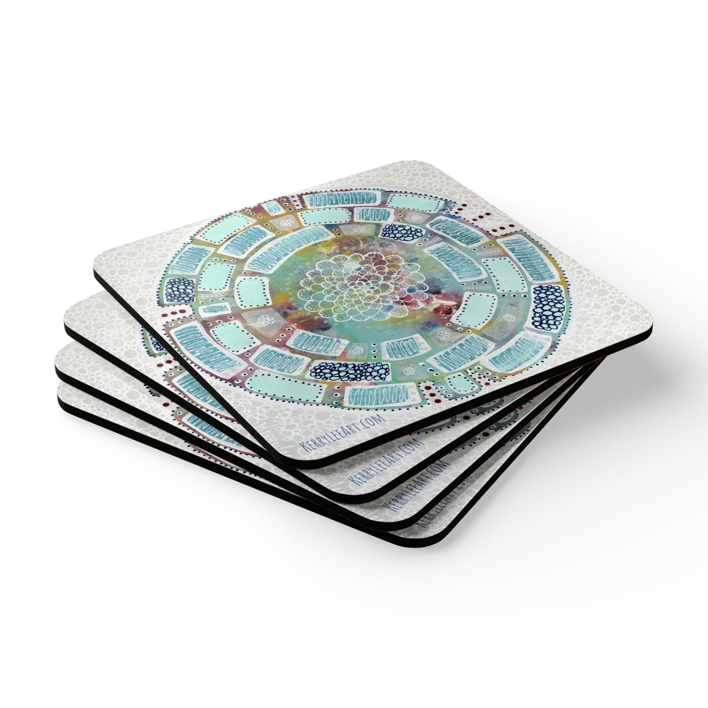 Mandala in Aqua - Corkwood Coaster Set